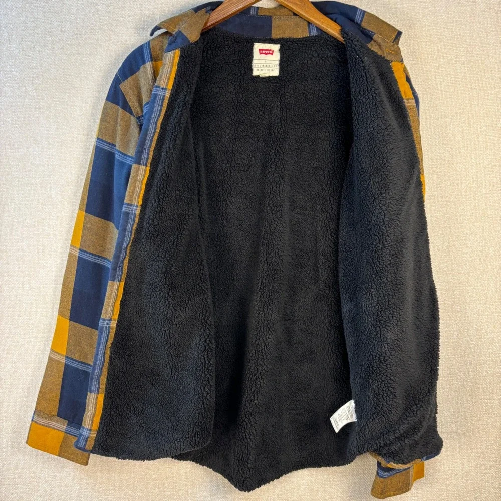 Levis Mens Sherpa Lined Flannel Shirt Jacket Plaid Yellow Navy Blue Size Small